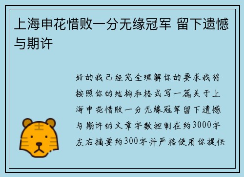 上海申花惜败一分无缘冠军 留下遗憾与期许 上海申花惜败一分无缘冠军 留下遗憾与期许